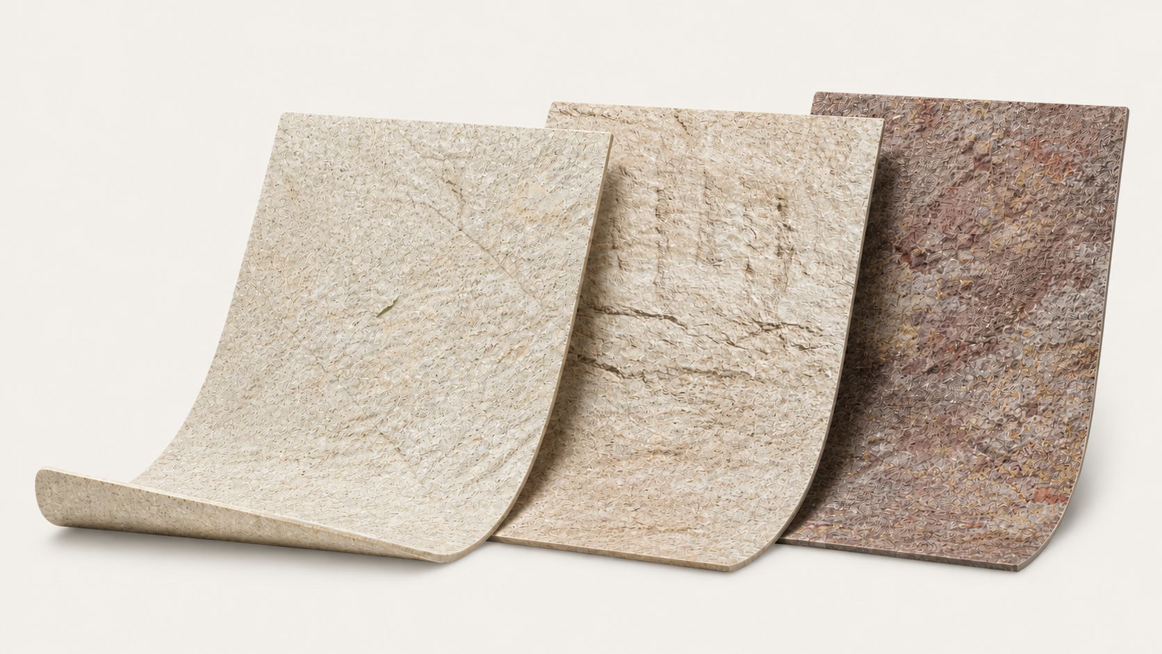 Trei plăci ceramice PHOMI flexibile, cu texturi minerale diferite